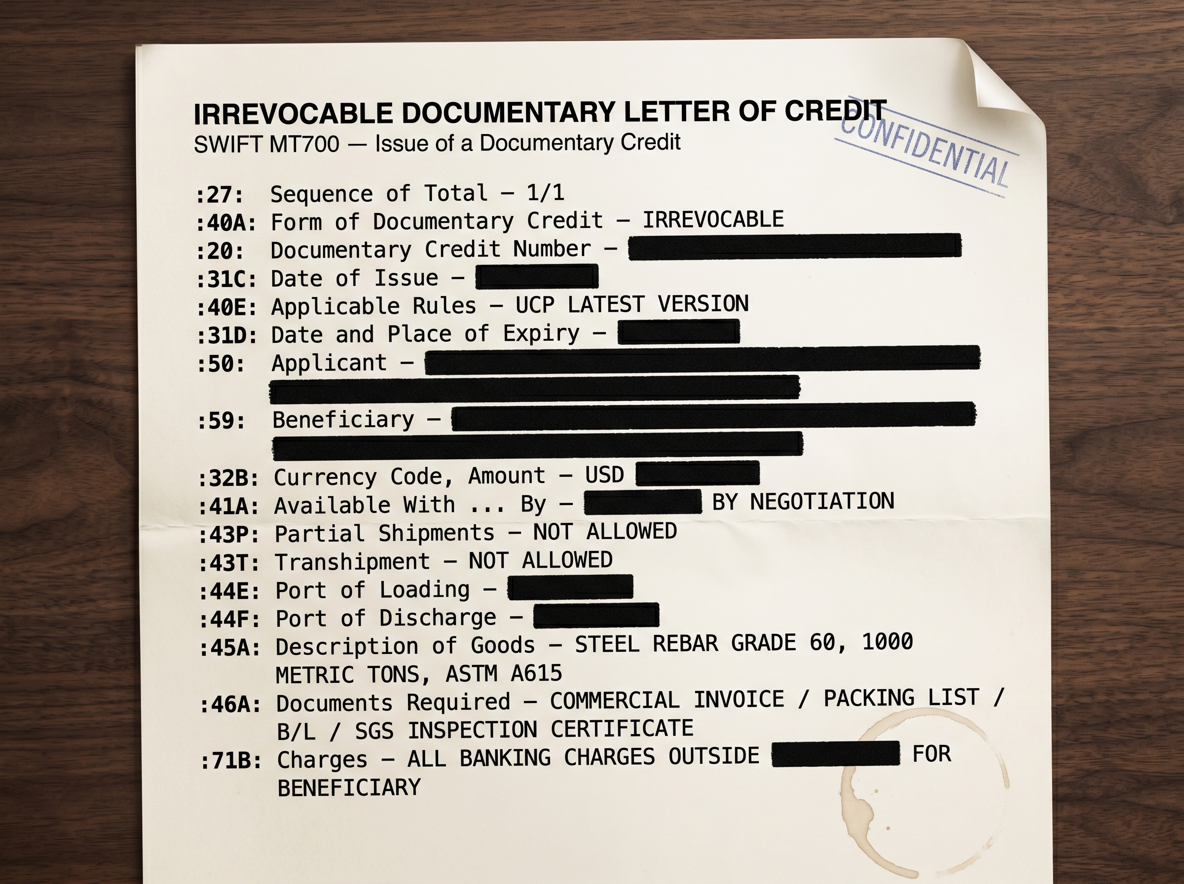 Redacted Letter of Credit — SWIFT MT700 documentary credit format
